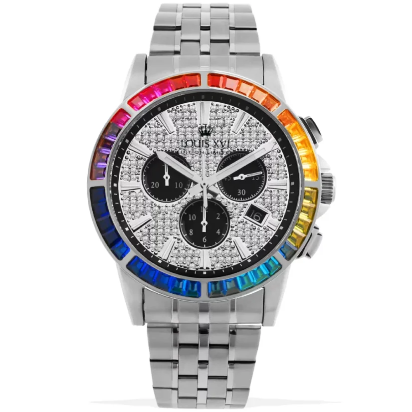 Men's silver Louis XVI watch with steel strap Majesté Iced Out Rainbow - Silver 43MM