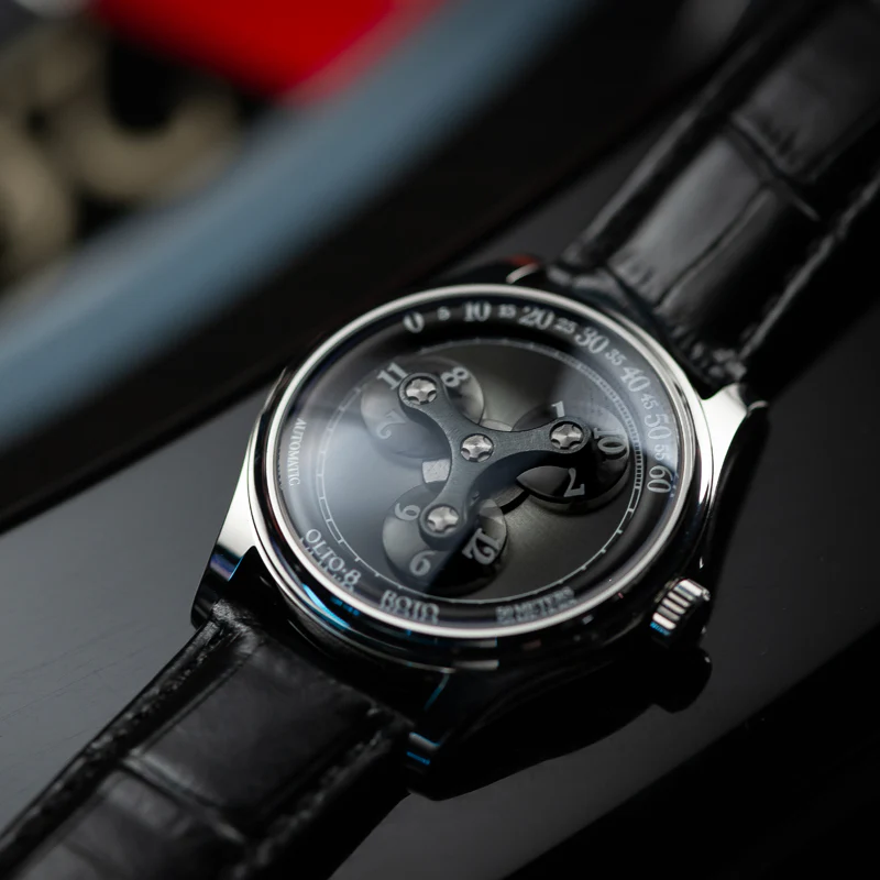 Silberne Herrenuhr OLTO-8 mit Lederband ROTO Ocean Midnight Black Upgraded 39MM Automatic