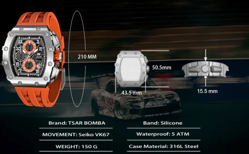 Men's silver Tsar Bomba Watch with a rubber band TB8204Q - Silver / Orange 43,5MM