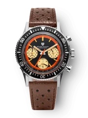 Men's silver Nivada Grenchen watch with leather strap Chronoking Paul Newman Orange Brown Racing Leather 87034Q23 38MM