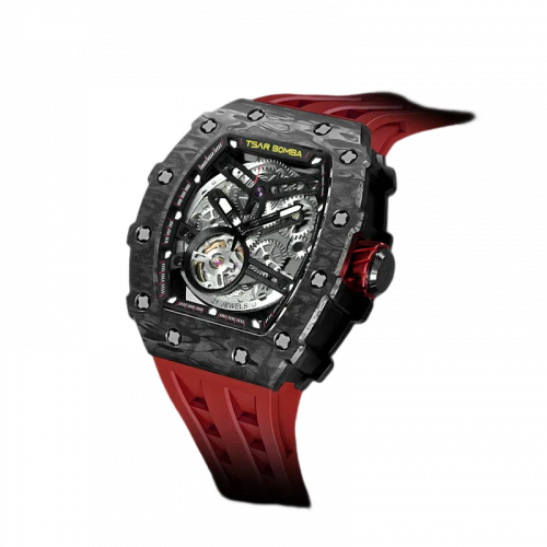 Μαύρο ανδρικό ρολόι Tsar Bomba Watch με ατσάλινο λουράκι TB8208CF - Passion Red Automatic 43,5MM