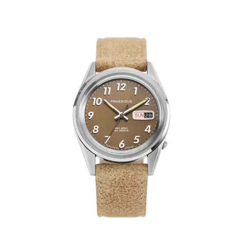 Montre Praesidus pour hommes de couleur argent avec un bracelet en cuir Rec Spec - Khaki Sand Leather 38MM Automatic