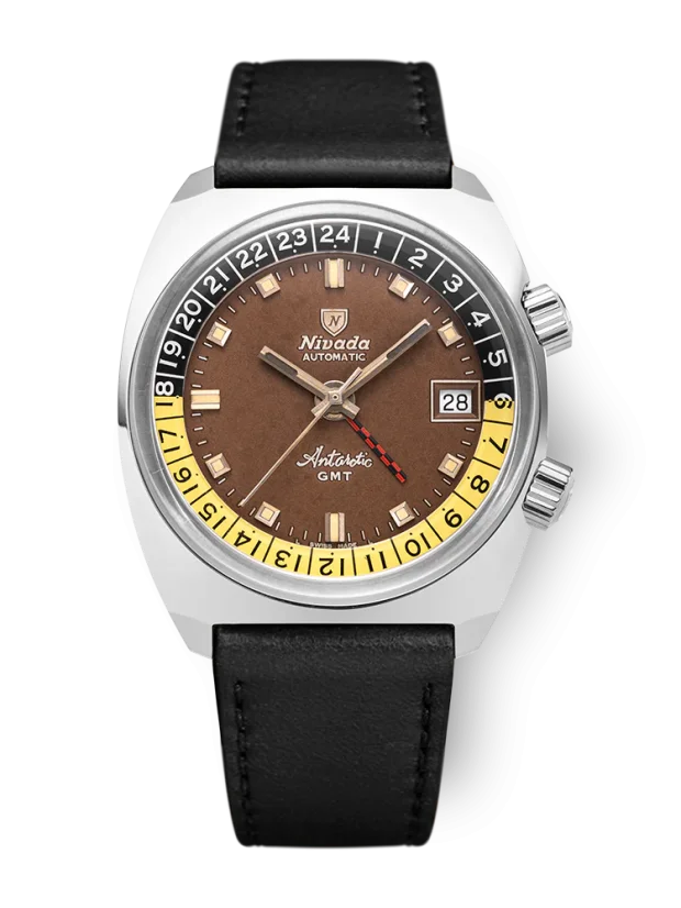 Men's silver Nivada Grenchen watch with leather strap Antarctic GMT - Tropical 32061A17 36MM Automatic
