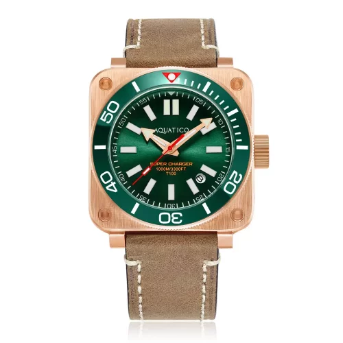 Men's gold Aquatico Watches watch with leather strap Charger Bronze Green Dial Automatic 43MM