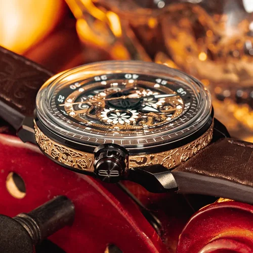 Relógio Bomberg Watches preto para homem com pulseira de couro BB-01 AUTOMATIC MARIACHI SKULL 43MM Automatic