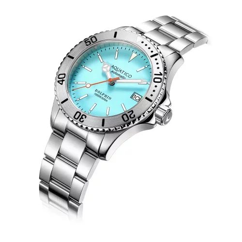 Stříbrné pánské hodinky Aquatico Watches s ocelovým páskem Dolphin Dive Watch Tiffany Blue Dial 39MM