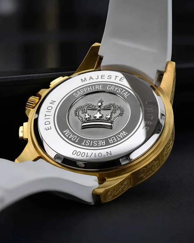 Zlaté pánské hodinky Louis XVI s gumovým páskem Majesté Iced Out Royale - 1136 Silver 43MM