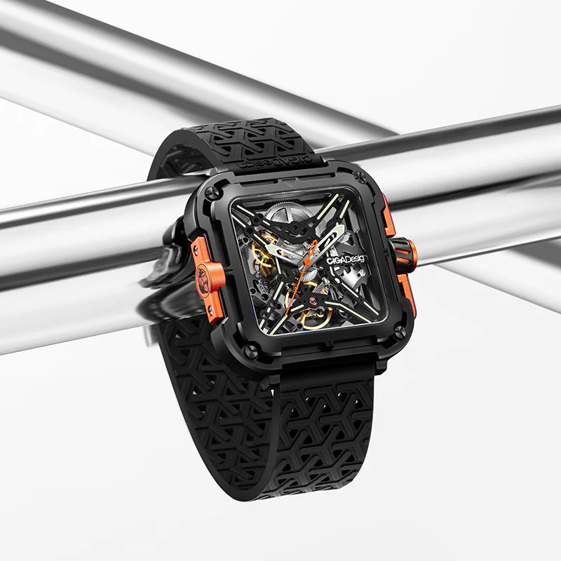 Orologio da uomo CIGA Design di colore nero con cinturino in caucciù Series X Gorilla Black / Orange 44MM Automatic