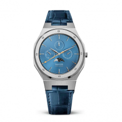 Orologio da uomo Valuchi Watches in colore argento con bracciale in pelle Lunar Calendar - Silver Blue Leather 40MM