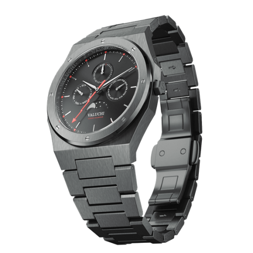Relógio Valuchi Watches preto para homem com pulseira de aço Lunar Calendar - Gunmetal Black 40MM