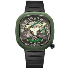 Relógio OLTO-8 verde com bracelete de borracha INFINITY-II RPM-Style Roman Numerals Green / Black 44MM Automatic