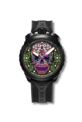 Černé pánské hodinky Bomberg s gumovým páskem SUGAR SKULL PURPLE 45MM
