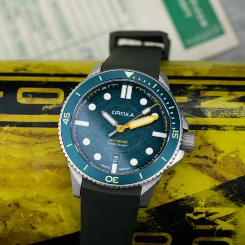 Men's silver Circula Watch with rubber strap DiveSport Titan - Petrol / Black DLC Titanium 42MM Automatic