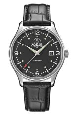 Męski srebrny zegarek Delbana Watches ze skórzanym paskiem Della Balda Black / Black 40MM Automatic