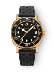 Men's gold Nivada Grenchen watch with leather strap Pacman Depthmaster Bronze 14123A10 Black Racing Leather 39MM Automatic