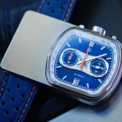 Męski srebrny zegarek Straton Watches ze skórzanym paskiem Cuffbuster Sprint Blue 37,5MM
