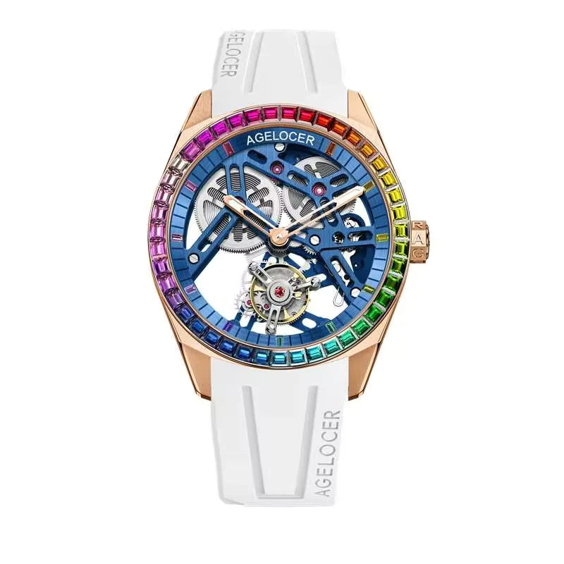 Men's gold Agelocer Watch with rubber strap Tourbillon Rainbow Series White / Blue 42MM