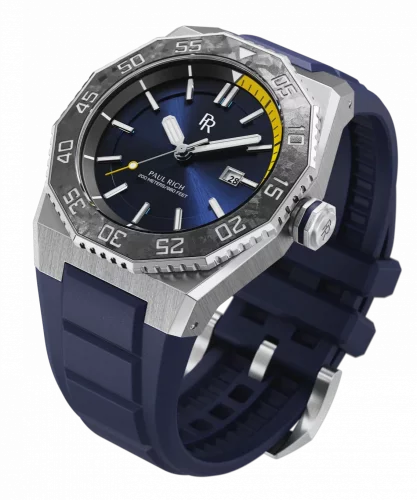 Zilverkleurig herenhorloge van Paul Rich met een rubberen band Aquacarbon Pro Horizon Blue - Sunray 43MM Automatic