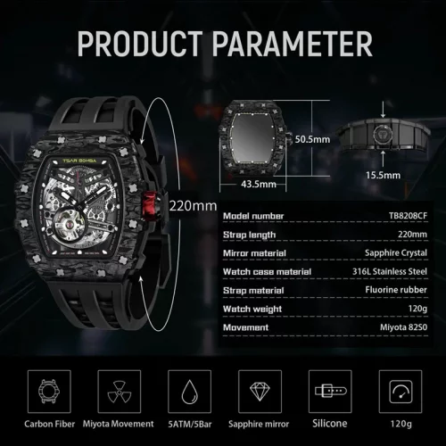 Relógio de homem Tsar Bomba Watch preto com pulseira de borracha TB8208CF - Passion Red Automatic 43,5MM