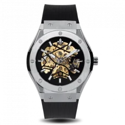 Strieborné pánske hodinky Ralph Christian s gumovým pásikom Prague Skeleton Deluxe - Silver Automatic 44MM