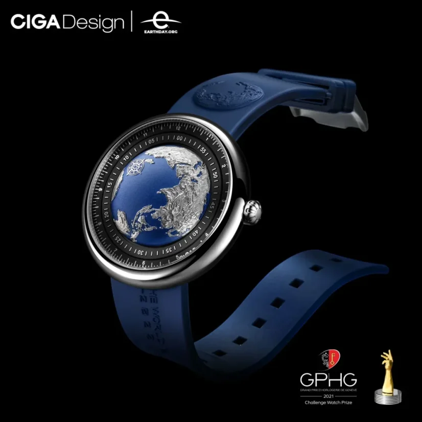 Męski srebrny zegarek CIGA Design z gumowym paskiem U Blue Planet Steel 46MM Automatic