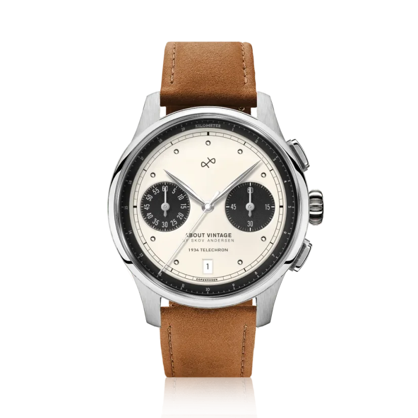 Relógio About Vintage de prata para homem com cinto de couro genuíno 1934 Telechron / White Black 42 MM