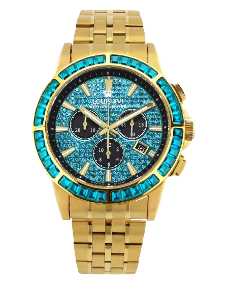 Louis XVI geel herenhorloge met stalen band Majesté Iced Out Baguette 1134 - Gold 43MM