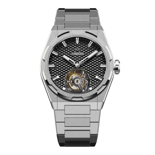 Men's silver Aisiondesign Watch with steel strap Tourbillon Hexagonal Pyramid Seamless Dial - Black 41MM