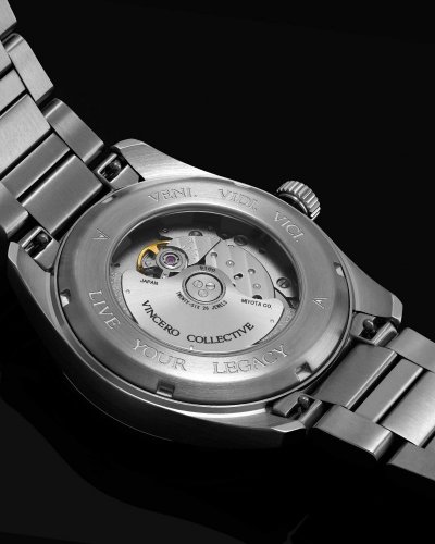 Srebrny męski zegarek Vincero ze stalowym paskiem The Reserve Automatic Dark Olive/Silver 41MM