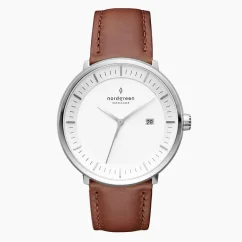 Męski srebrny zegarek Nordgreen ze skórzanym paskiem Philosopher Brown Leather / Silver 40MM