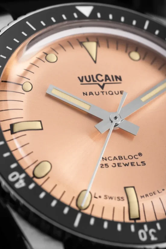 Men's silver Vulcain watch with rubber strap Skindiver Nautique - Salmon Beige Luminova - Rubber 44,5MM Automatic