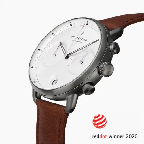 Reloj Nordgreen negro de hombre con correa de cuero Pioneer White Dial - Brown Leather / Gun Metal 42MM