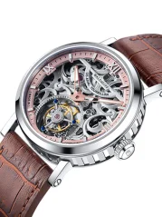 Stříbrné pánské hodinky Waldhoff s koženým páskem Metropolis Red Gold 41MM Automatic