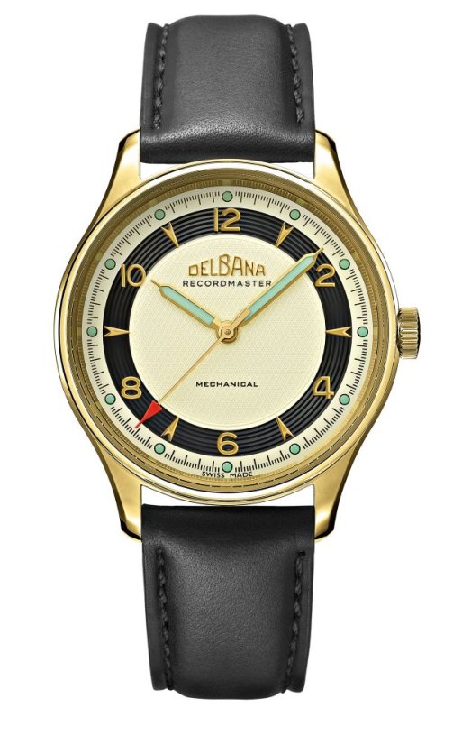 Goldene Herrenuhr Delbana Watches mit Lederband Recordmaster Mechanical Black / Gold 40MM