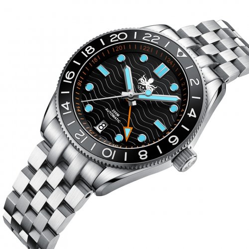 Strieborné pánske hodinky Phoibos Watches s oceľovým pásikom GMT Wave Master 200M - PY049C Black Automatic 40MM