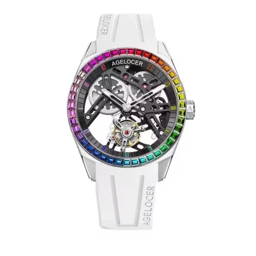 Męski srebrny zegarek Agelocer Watches z gumowym paskiem Tourbillon Rainbow Series Silver / White Black 42MM
