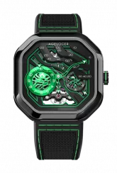 Herenhorloge in de kleur zwart van Agelocer Watches met een rubberen band Volcano Series Black / Green 44.5MM Automatic