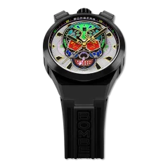 Černé pánské hodinky Bomberg s gumovým páskem CHRONO SKULL THROWBACK EDITION - COLORIDO BLACK 44MM Automatic