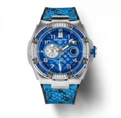 Męski srebrny zegarek Nsquare ze skórzanym paskiem SnakeQueen Silver / Blue 46MM Automatic