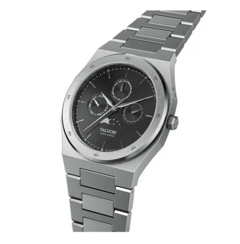 Montre Valuchi Watches pour homme en argent avec bracelet en acier Lunar Calendar - Silver Black Automatic 40MM