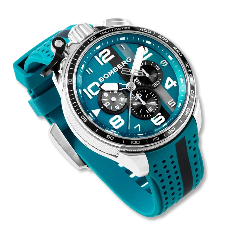 Silberne Herrenuhr Bomberg Watches mit Gummiband RACING 4.9 Blue 45MM