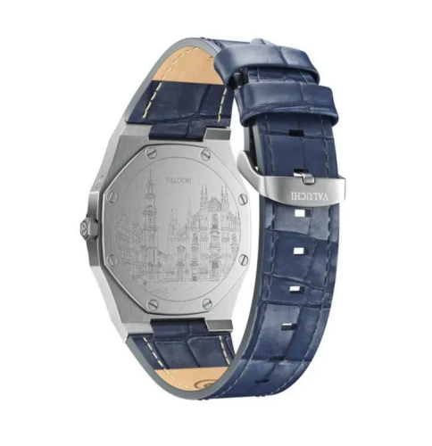 Reloj Valuchi Watches Plata para hombre con correa de cuero Lunar Calendar - Silver Blue Leather 40MM