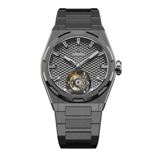 Strieborné pánske hodinky Aisiondesign Watches s ocelovým pásikom Tourbillon Hexagonal Pyramid Seamless Dial - Gunmetal 41MM