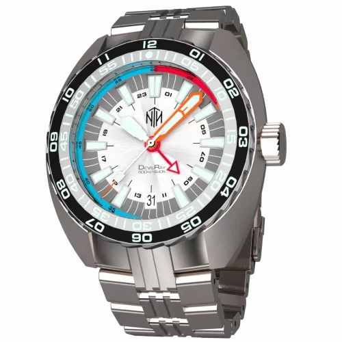Ασημένιο ρολόι NTH Watches για άντρες με ιμάντα από χάλυβα  DevilRay GMT With Date - Silver / White Automatic 43MM