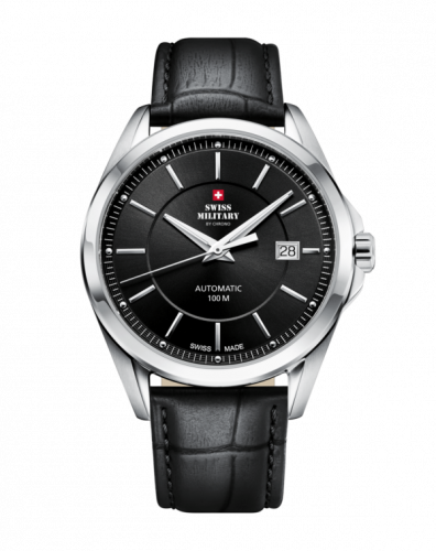 Černé pánské hodinky Swiss Military Hanowa s koženým páskem Elegant SMA34085.13 40MM Automatic