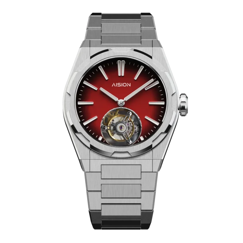 Men's silver Aisiondesign Watches with steel Tourbillon Hexagonal Pyramid Seamless Dial - Red 41MM