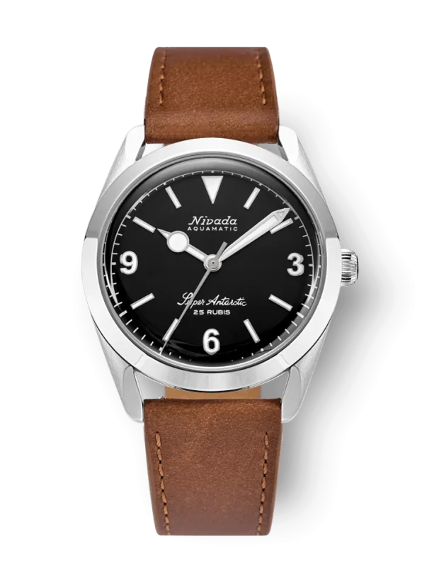 Stříbrné pánské hodinky Nivada Grenchen s koženým páskem Super Antarctic 3.6.9 Black No Vintage Effect 32039A16 38MM Automatic