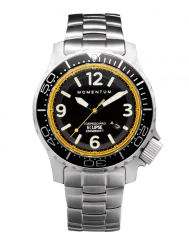 Relógio Momentum Watches prata para homens com pulseira de aço Torpedo Blast Eclipse Solar Yellow 44MM