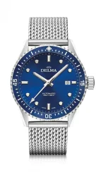 Zilverkleurig herenhorloge van Delma Watches met stalen riem band Cayman Silver / Blue 42MM Automatic