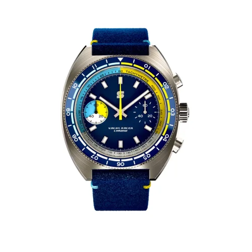 Męski srebrny zegarek Straton Watches ze skórzanym paskiem Yacht Racer Yellow / Blue 42MM